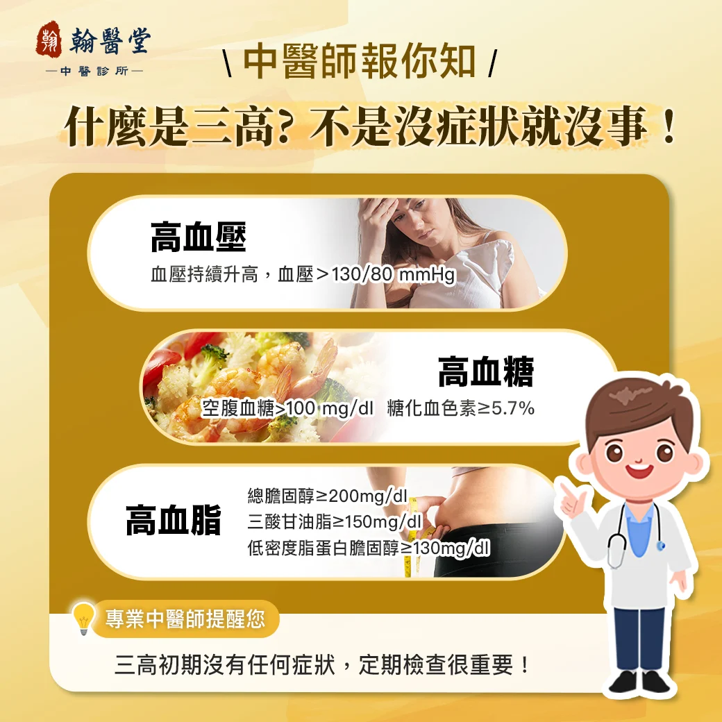 你的身体有“三高”警讯吗？翰医堂中医解析高血压、高血糖、高血脂，不是没症状就没事！